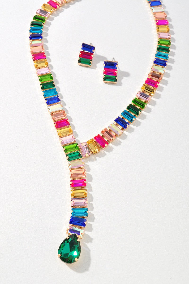 060225 Glass Stone Y Shape Necklace Set