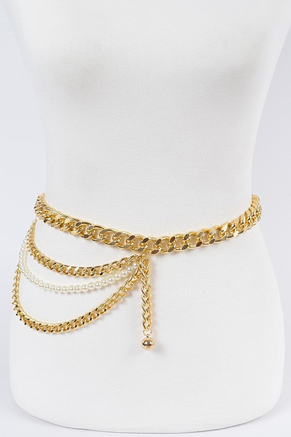 010923 Gold Plus Size Layered Chain and Pearl Belt