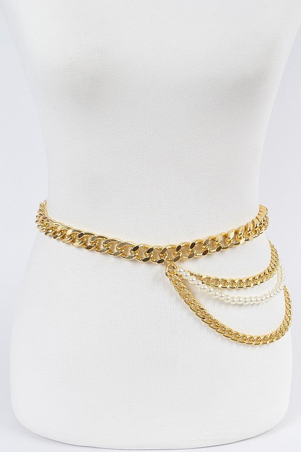 010923 Gold Plus Size Layered Chain and Pearl Belt