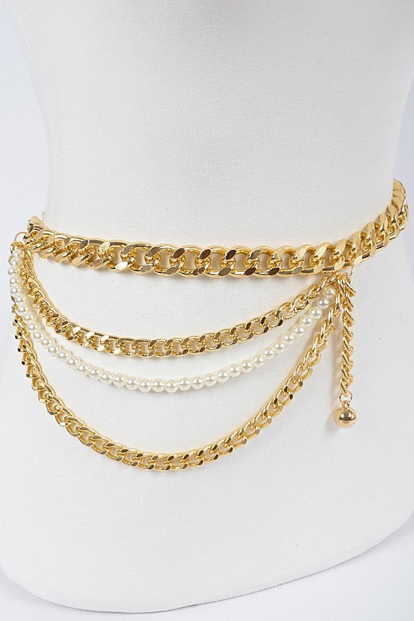 010923 Gold Plus Size Layered Chain and Pearl Belt
