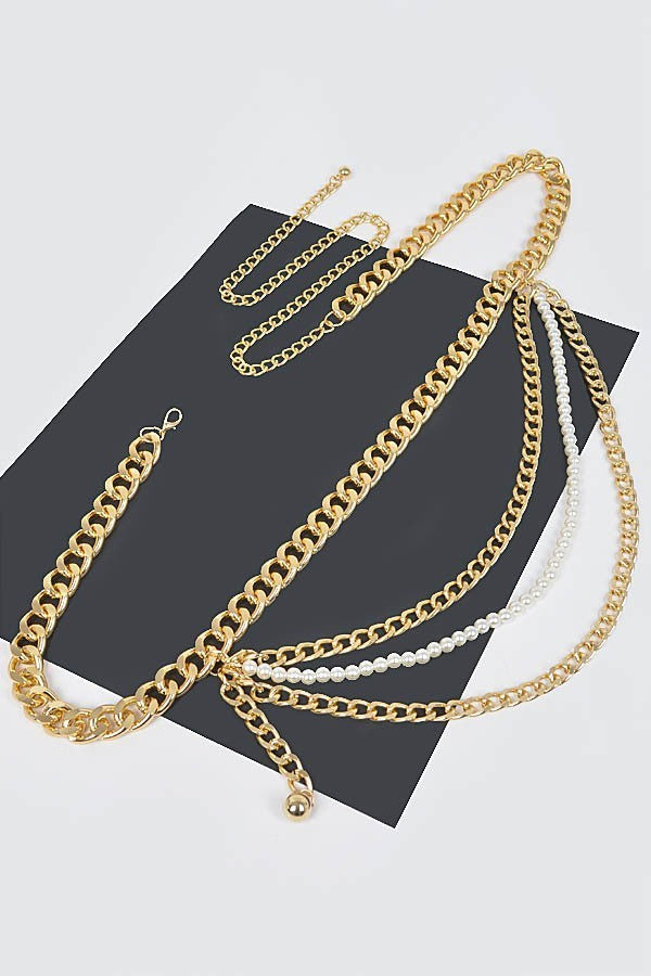 010923 Gold Plus Size Layered Chain and Pearl Belt