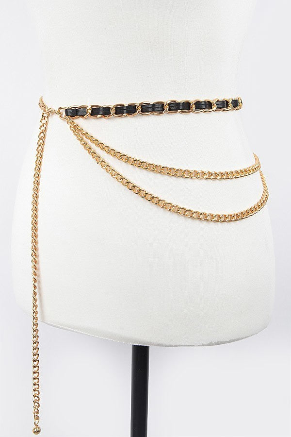 010923 Gold Black Leather Layered Chain Belt
