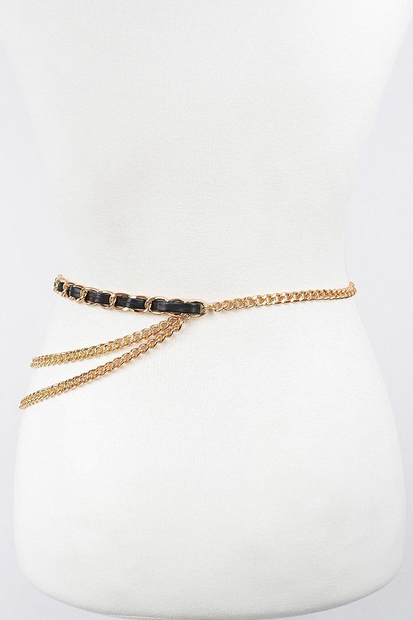 010923 Gold Black Leather Layered Chain Belt