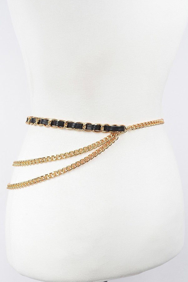 010923 Gold Black Leather Layered Chain Belt