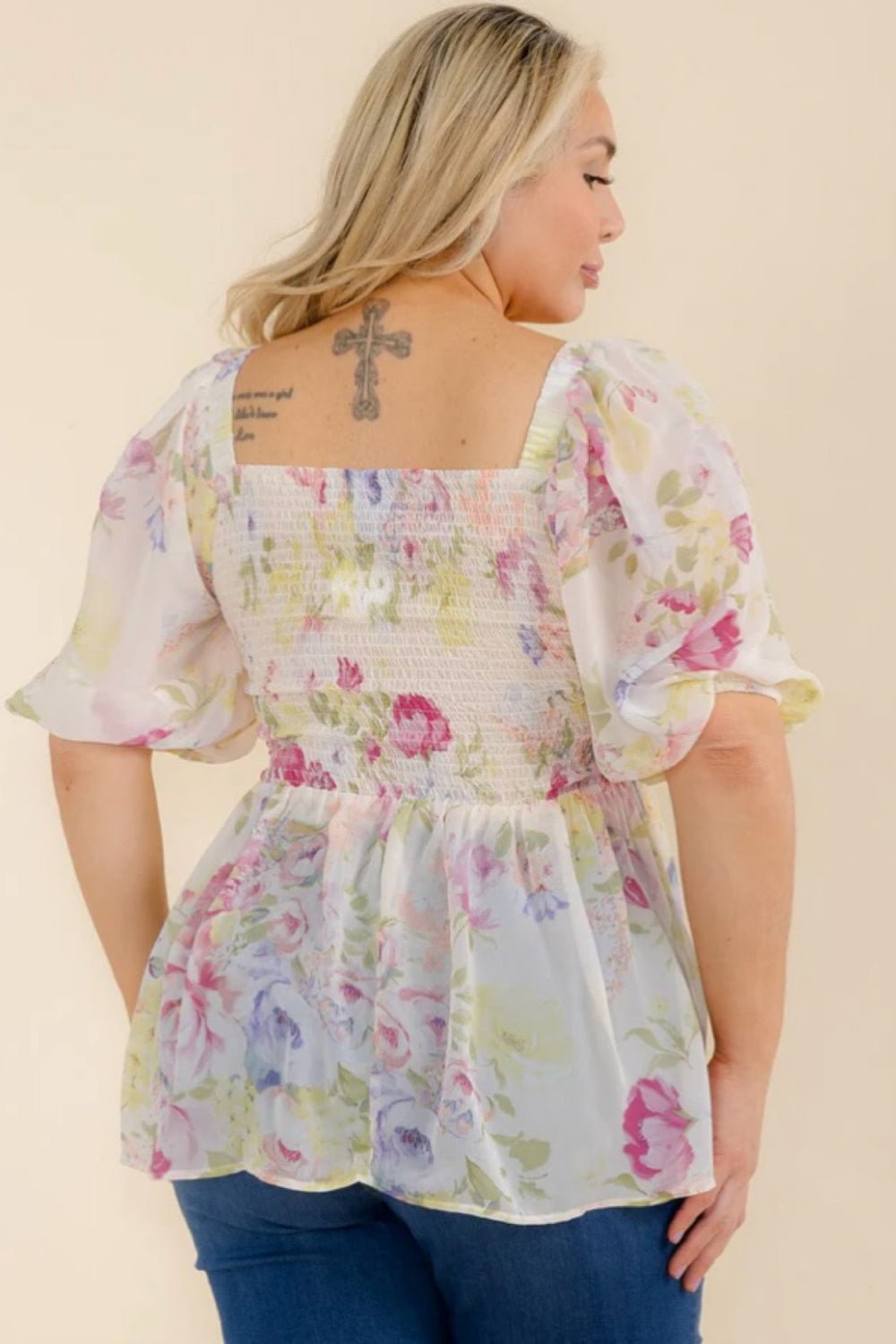 040825 Ivory Square Neck Smock Florals Peplum Short Sleeve Blouse