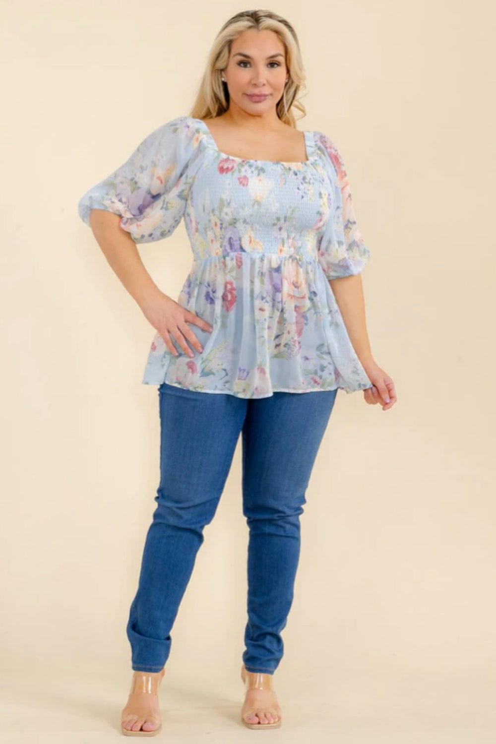 040825 Ice Blue Square Neck Smock Florals Peplum Short Sleeve Blouse