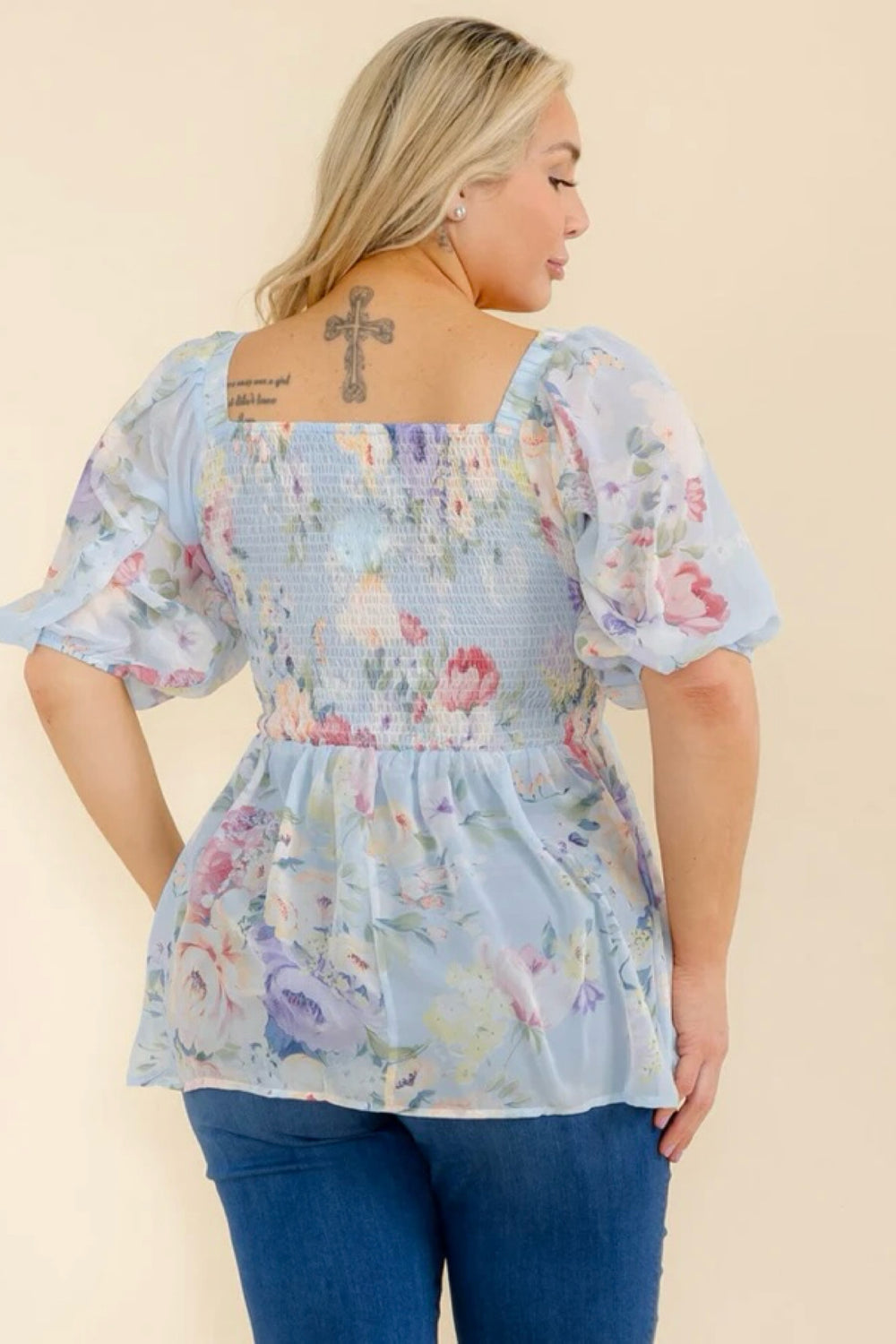 040825 Ice Blue Square Neck Smock Florals Peplum Short Sleeve Blouse
