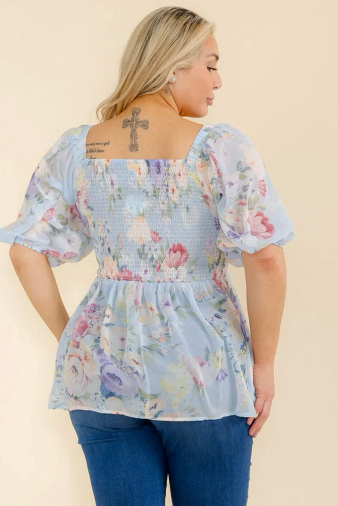 040825 Ice Blue Square Neck Smock Florals Peplum Short Sleeve Blouse
