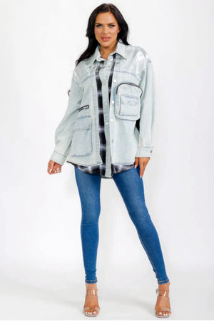040925 Plaid Contrast Light Denim Shimmer Jacket with Pockets