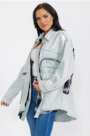 040925 Plaid Contrast Light Denim Shimmer Jacket with Pockets