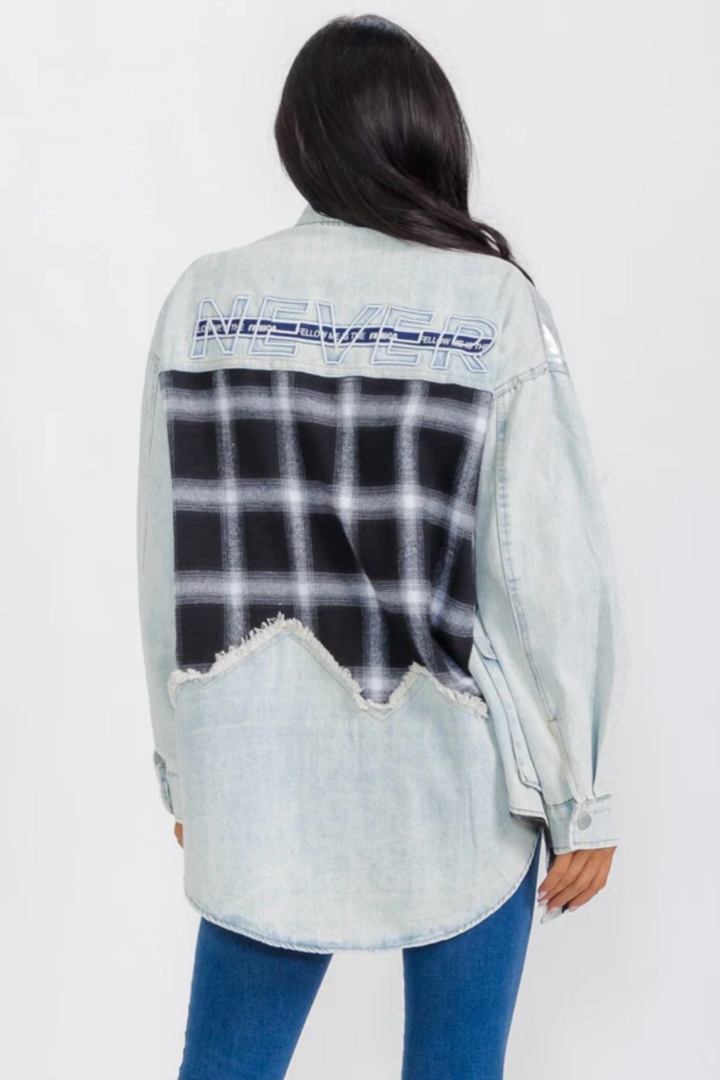 040925 Plaid Contrast Light Denim Shimmer Jacket with Pockets