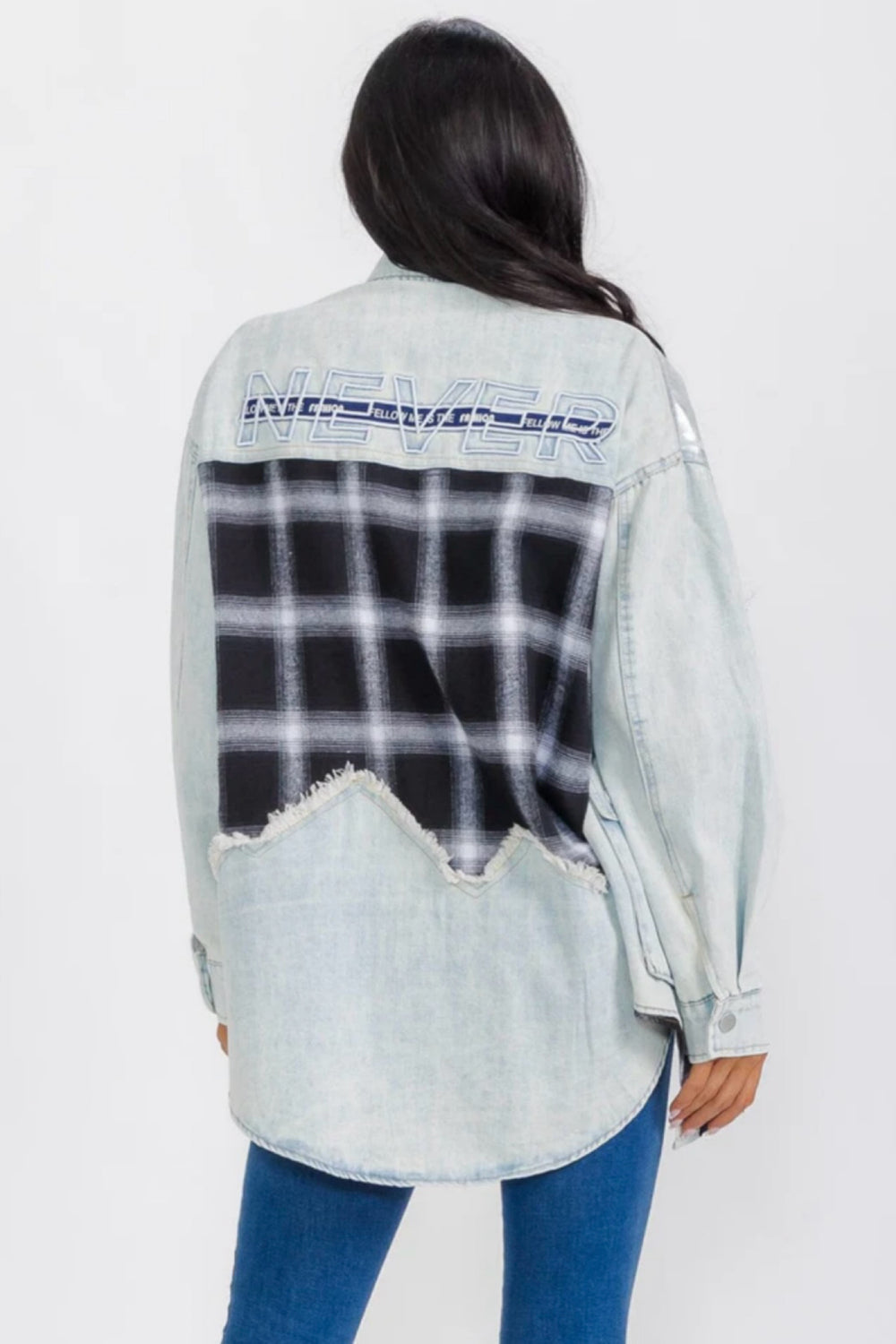 040925 Plaid Contrast Light Denim Shimmer Jacket with Pockets