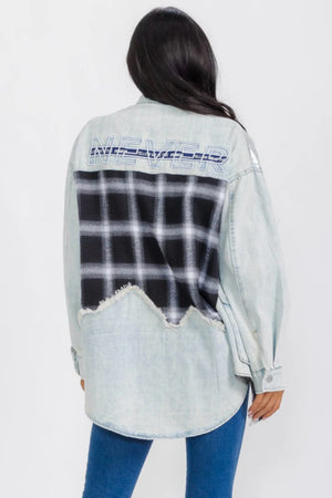 040925 Plaid Contrast Light Denim Shimmer Jacket with Pockets