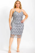 040925 Gray Fringe Sequins V Neck Bodycon Sleeveless Midi Dress