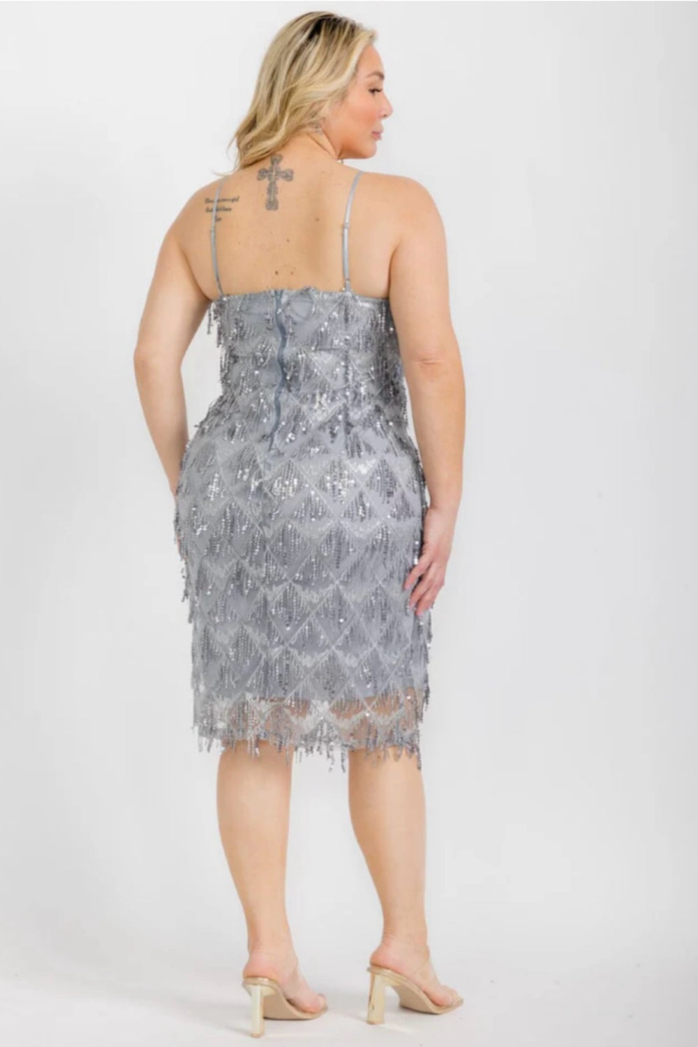040925 Gray Fringe Sequins V Neck Bodycon Sleeveless Midi Dress