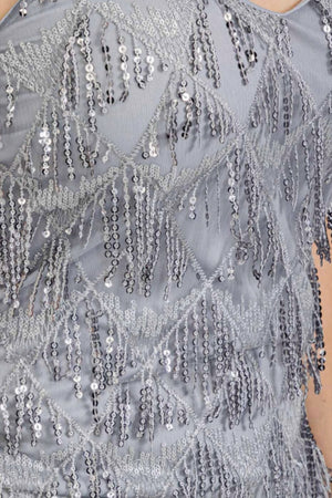 040925 Gray Fringe Sequins V Neck Bodycon Sleeveless Midi Dress