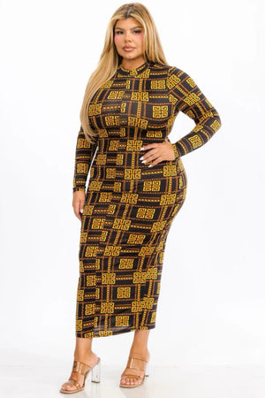 040825 Black & Gold Mock Neck Long Sleeve Bodycon Maxi Dress