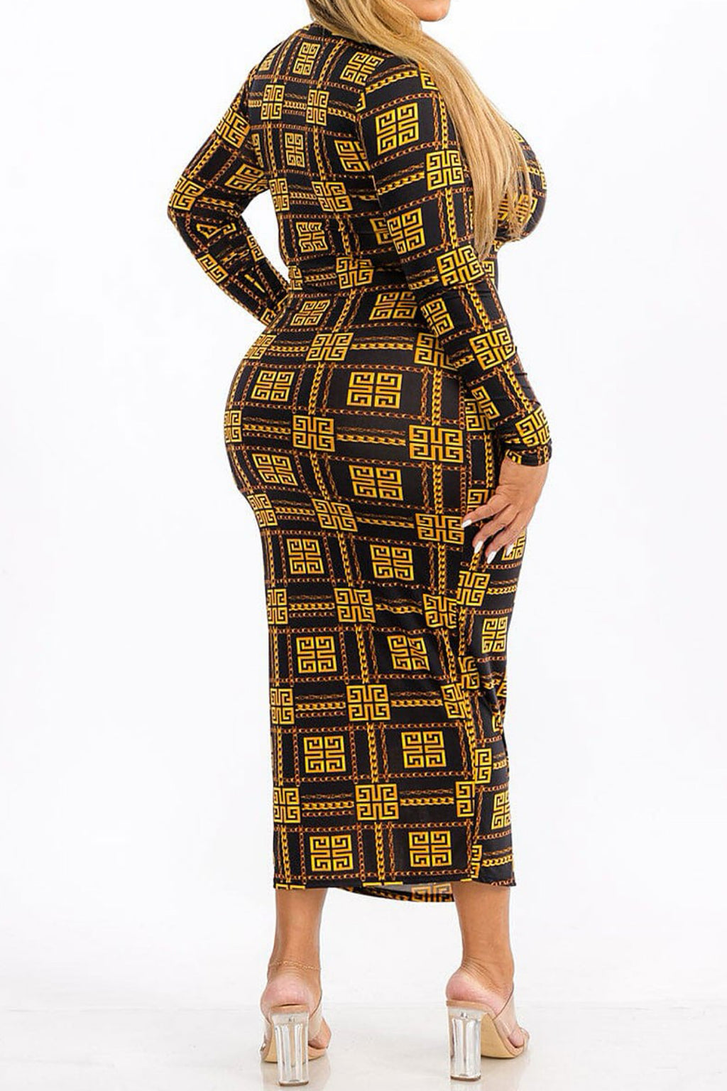 040825 Black & Gold Mock Neck Long Sleeve Bodycon Maxi Dress