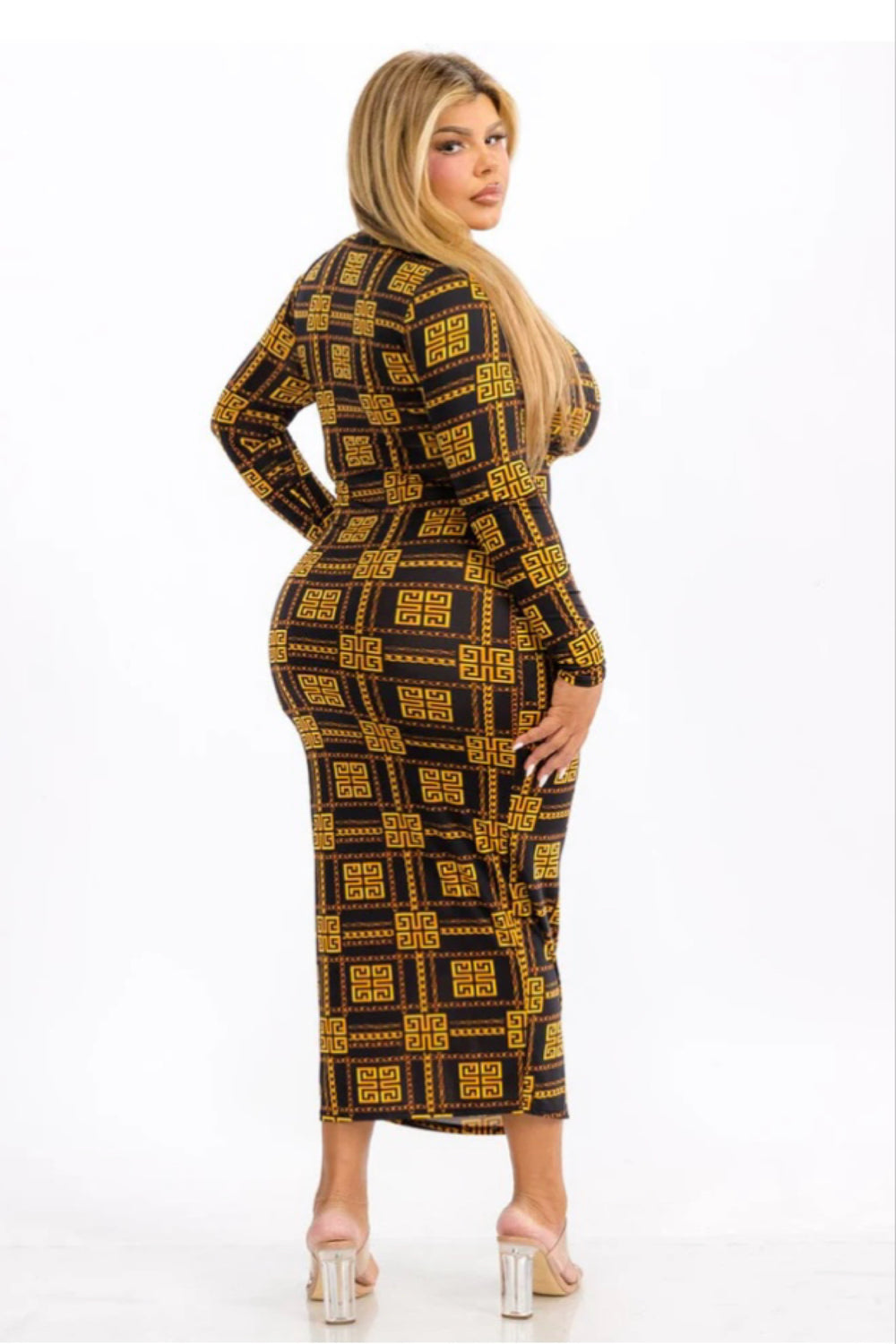 040825 Black & Gold Mock Neck Long Sleeve Bodycon Maxi Dress