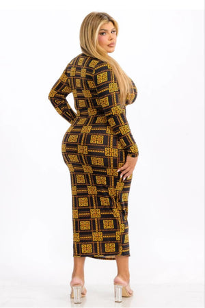 040825 Black & Gold Mock Neck Long Sleeve Bodycon Maxi Dress