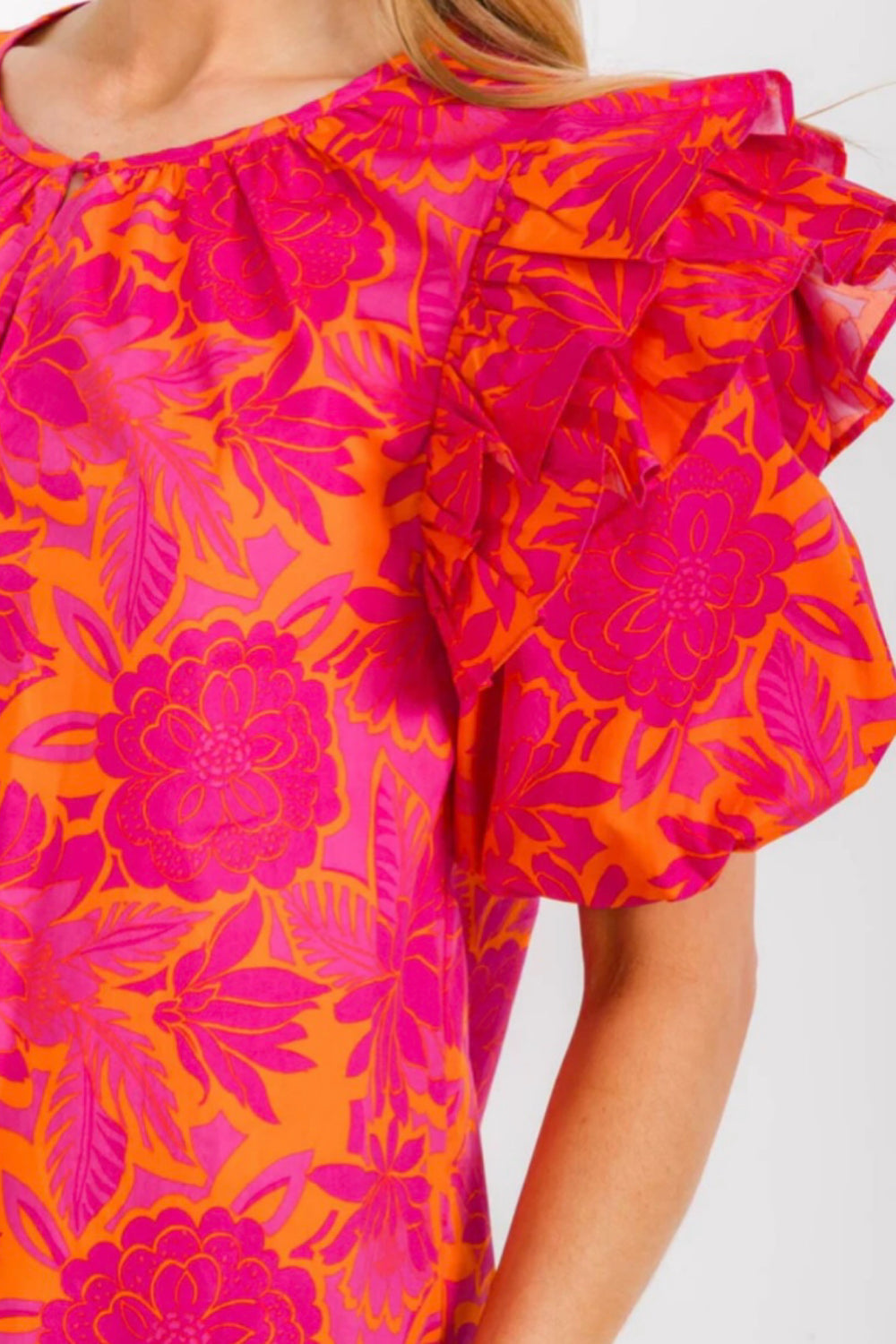 040925 Fuchsia with Orange Print Florals Puff Sleeve Keyhole Blouse