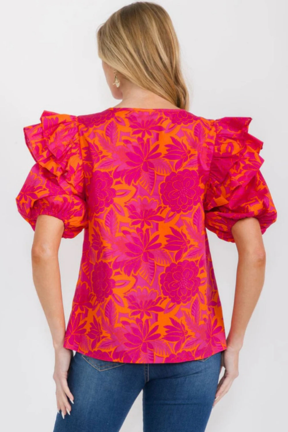 040925 Fuchsia with Orange Print Florals Puff Sleeve Keyhole Blouse