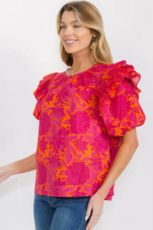 040925 Fuchsia with Orange Print Florals Puff Sleeve Keyhole Blouse