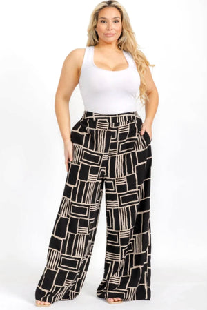 040925 Black Taupe Coloclock Print Back Elastic Boho Wild Legs Pant