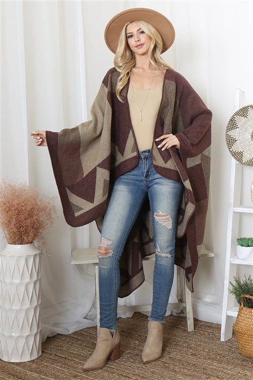 011223 Brown Geometric Shape Warner open Front Kimono