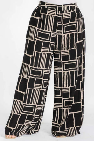 040925 Black Taupe Coloclock Print Back Elastic Boho Wild Legs Pant