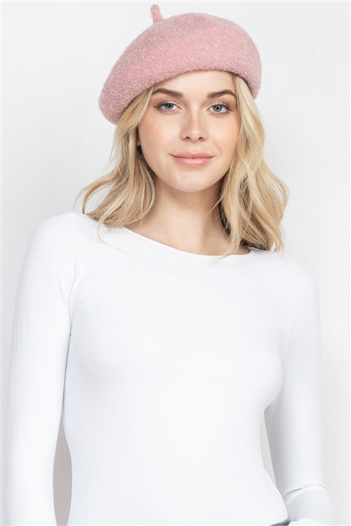 011223 Pink Fleece Acrylic Beret Hat