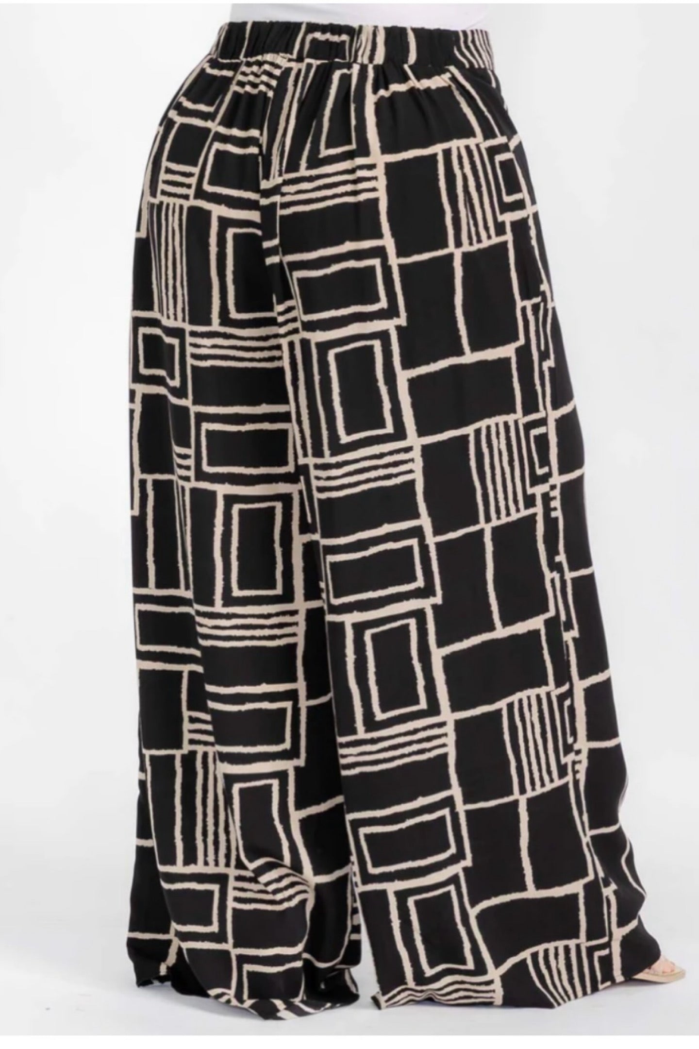 040925 Black Taupe Coloclock Print Back Elastic Boho Wild Legs Pant