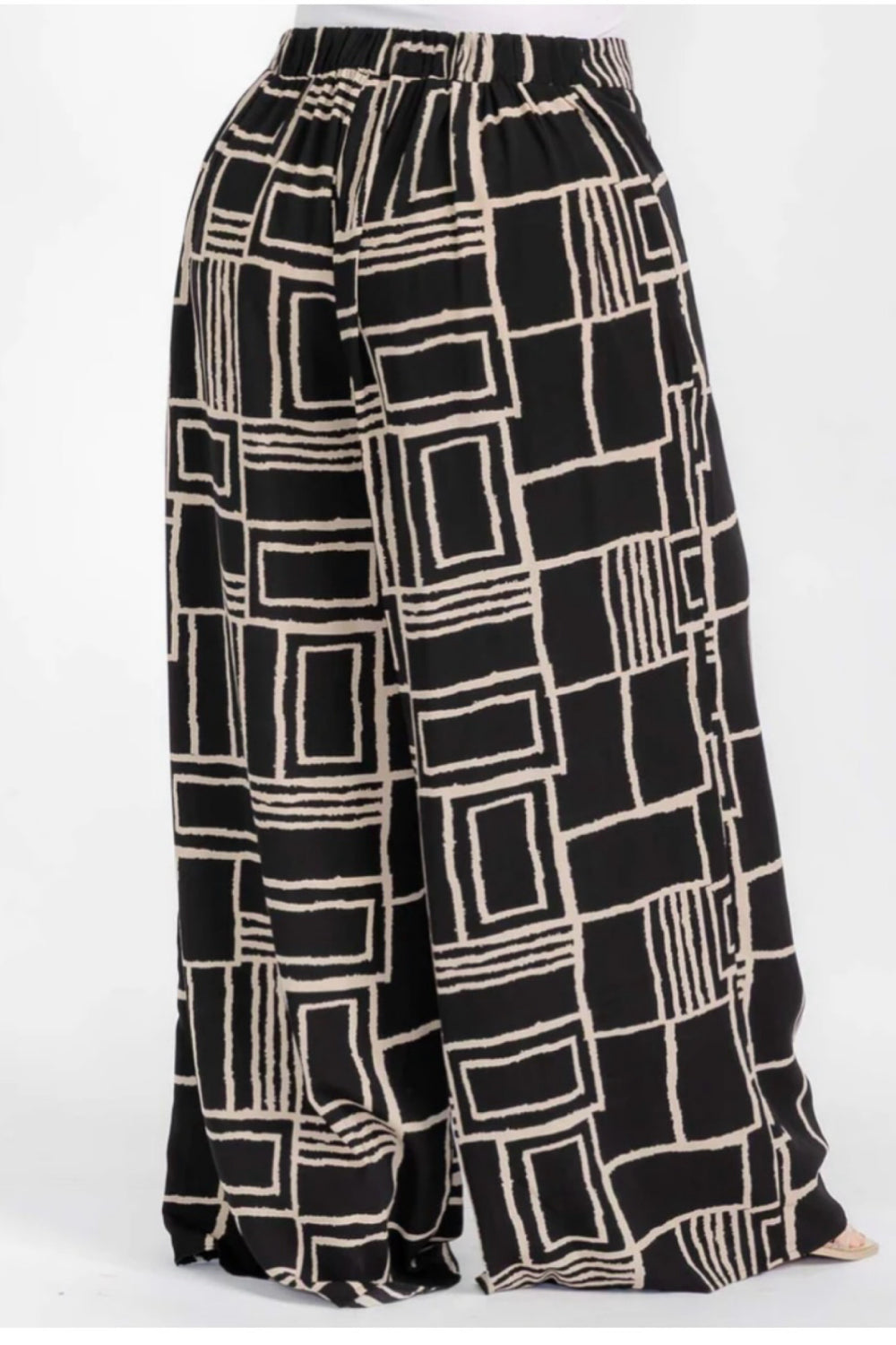 040925 Black Taupe Coloclock Print Back Elastic Boho Wild Legs Pant