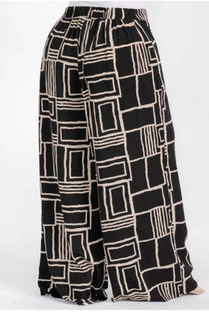 040925 Black Taupe Coloclock Print Back Elastic Boho Wild Legs Pant