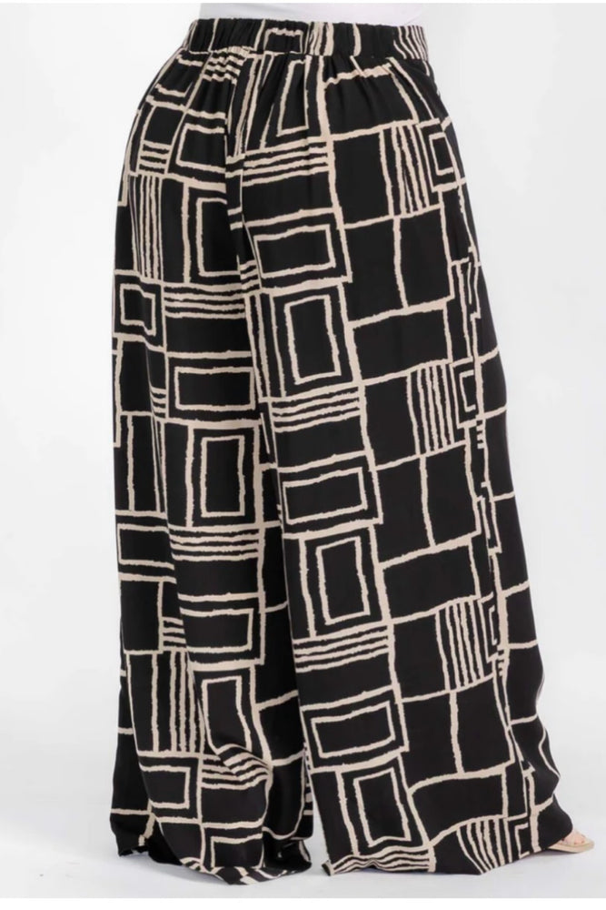 040925 Black Taupe Coloclock Print Back Elastic Boho Wild Legs Pant