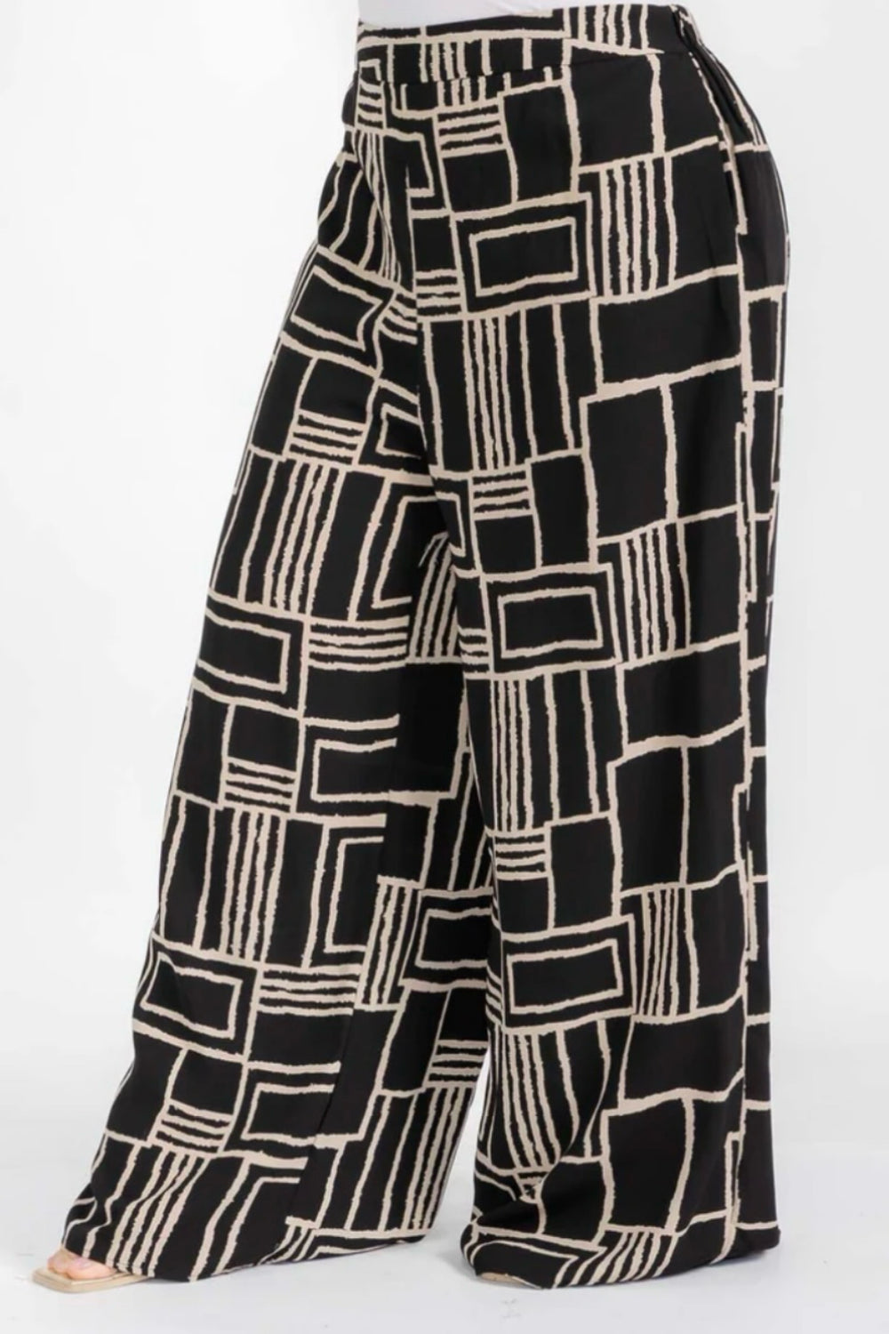 040925 Black Taupe Coloclock Print Back Elastic Boho Wild Legs Pant