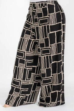 040925 Black Taupe Coloclock Print Back Elastic Boho Wild Legs Pant