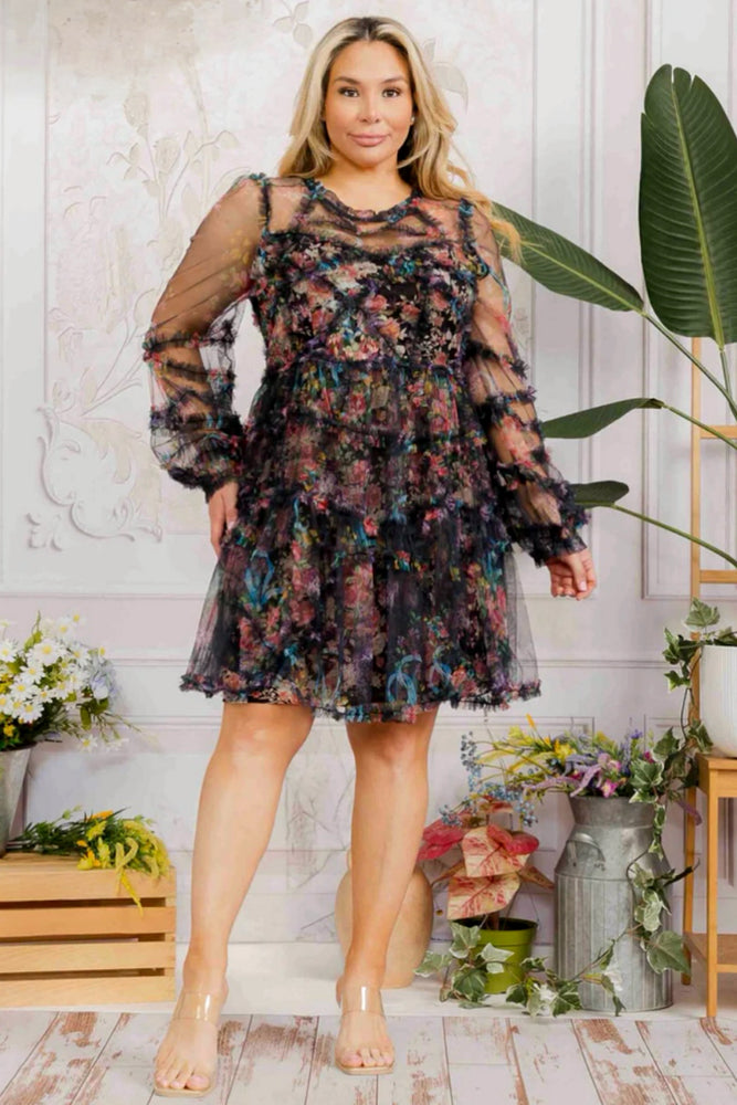 040925 The Black Vintage Florals Tiered Ruffles Mini Dress
