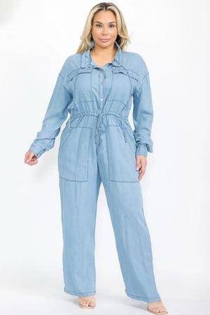 040925 The Chambray Buttom Down Wide Leg Jumpsuit with Pockets