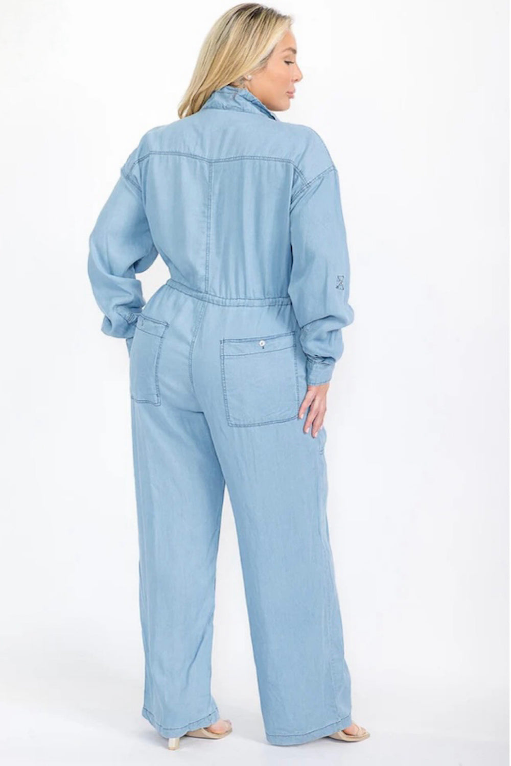040925 The Chambray Buttom Down Wide Leg Jumpsuit with Pockets