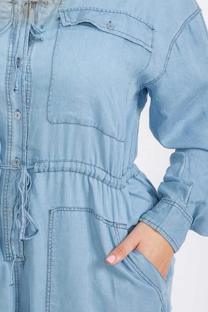 040925 The Chambray Buttom Down Wide Leg Jumpsuit with Pockets