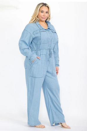 040925 The Chambray Buttom Down Wide Leg Jumpsuit with Pockets