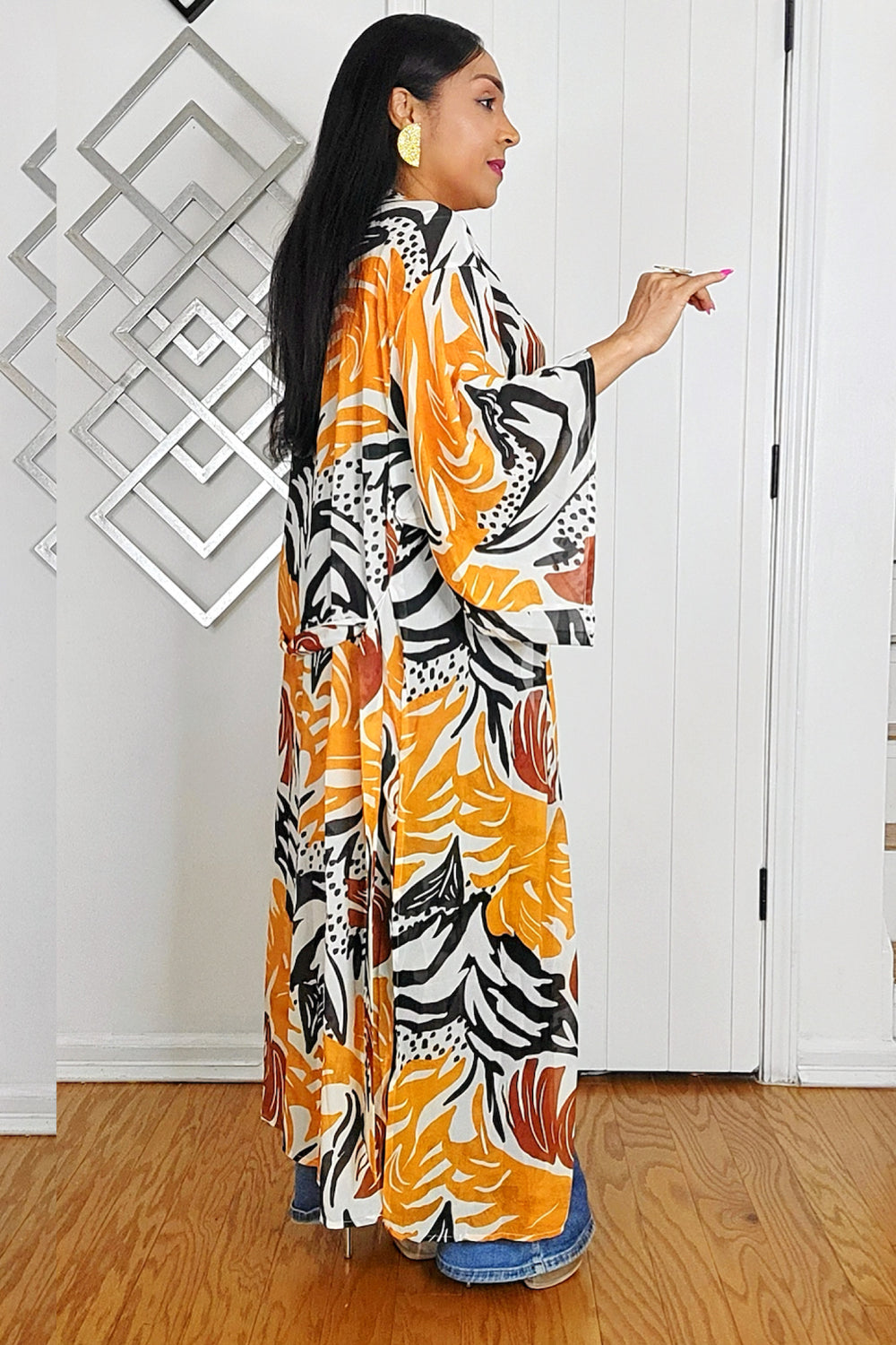 061125 The Orange Tropical Multi Print Kimono With Self Tie