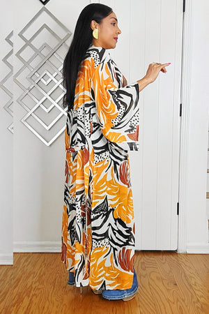 061125 The Orange Tropical Multi Print Kimono With Self Tie
