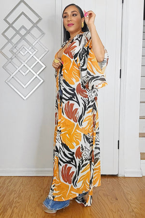061125 The Orange Tropical Multi Print Kimono With Self Tie