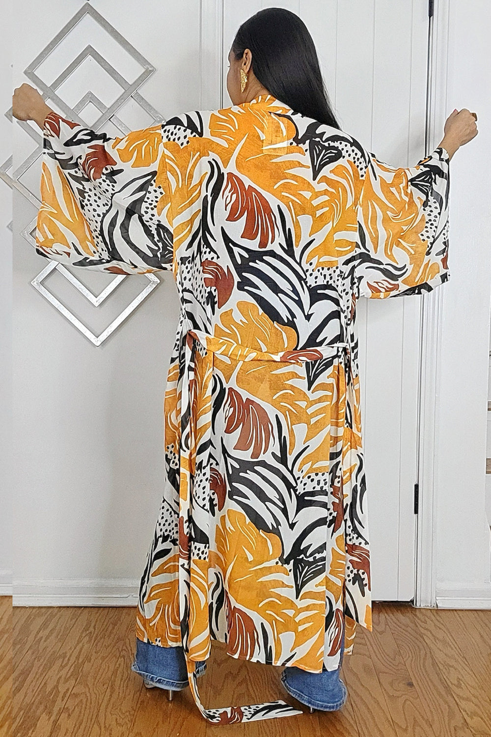 061125 The Orange Tropical Multi Print Kimono With Self Tie