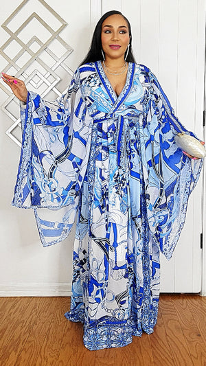051625 Our Blue Print Unique Kimono Sleeves Maxi Dress
