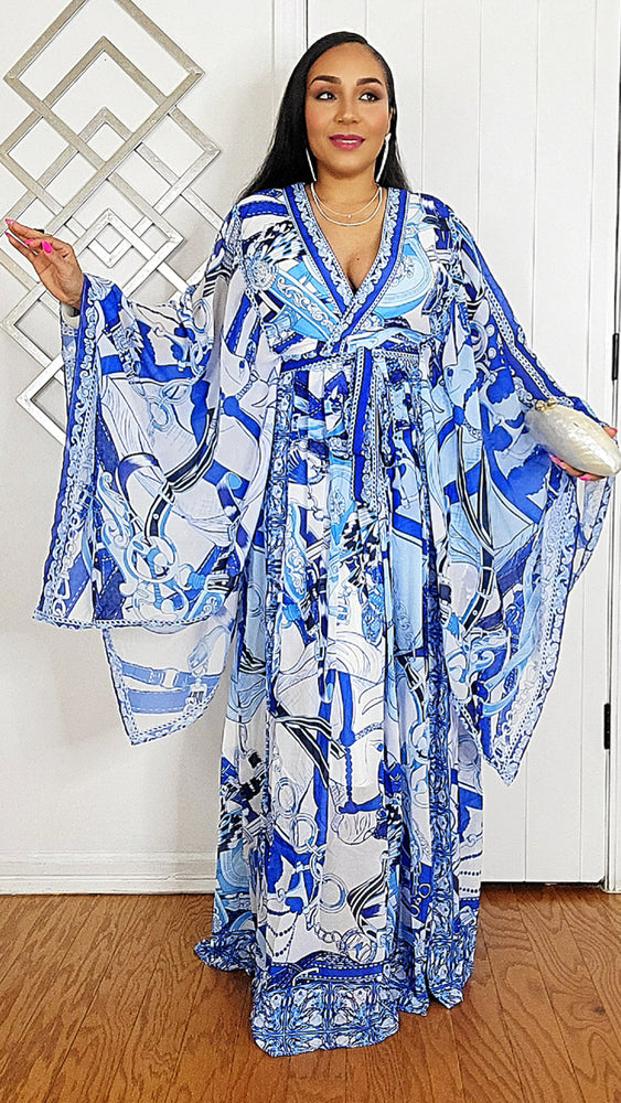 051625 Our Blue Print Unique Kimono Sleeves Maxi Dress