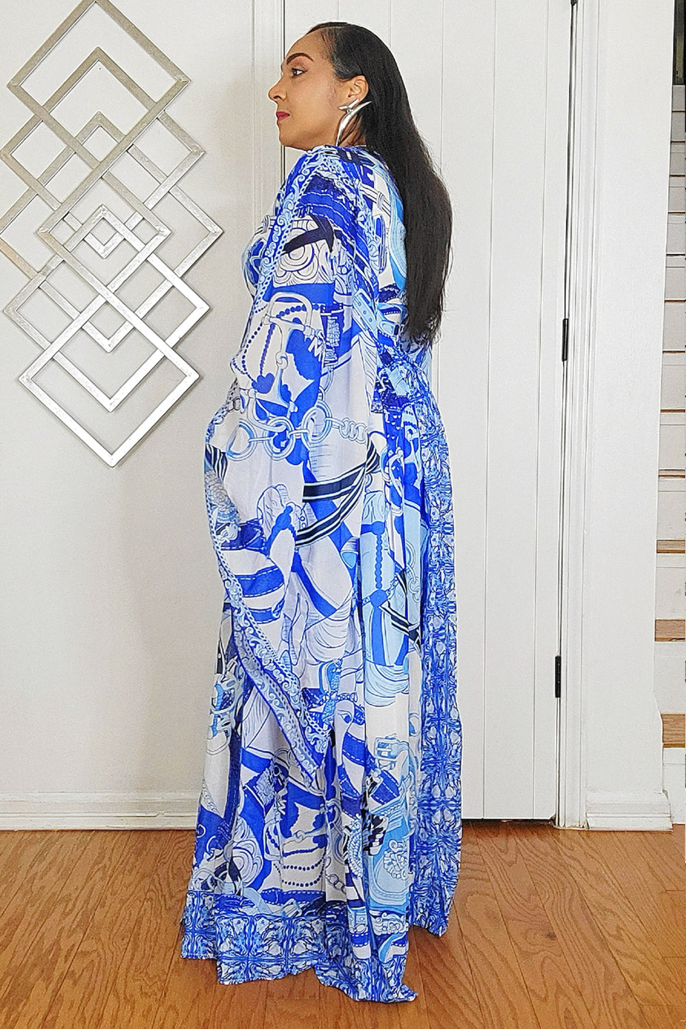 051625 Our Blue Print Unique Kimono Sleeves Maxi Dress