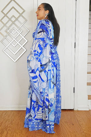 051625 Our Blue Print Unique Kimono Sleeves Maxi Dress